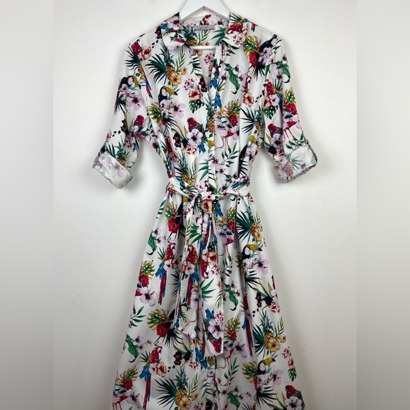 Per Una Parrot Print Belted Cotton Shirt Dress Long Midi UK 18 Roll Tab Sleeve - Picture 10 of 13